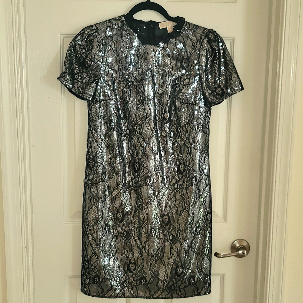 Michael Kors Ruffled collar Shift dress lace with sequin embellishments dress - Picture 3 of 13